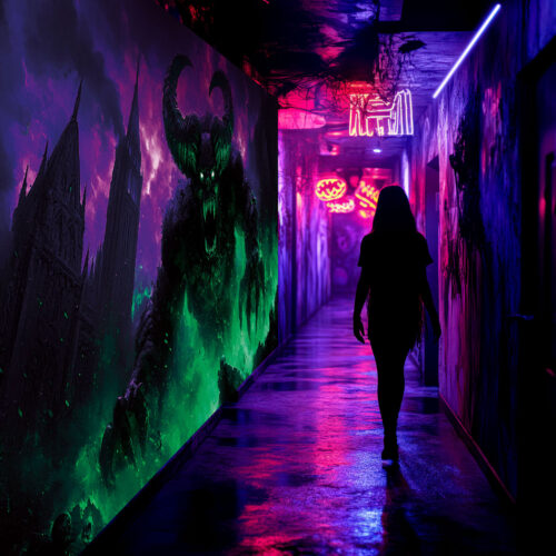 Halloween Backdrop Evil Demons HL-DMN010 - Colorful UV Backdrop XL Dark Tapestry Psychedelic UV-Reactive Fluorescent Wall Art - Haunted House Interior Preview - UV Light