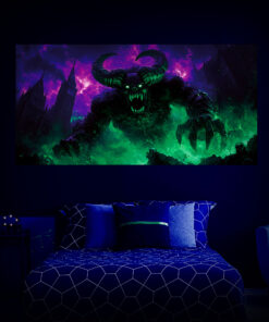 Halloween Backdrop Evil Demons HL-DMN010 - Colorful UV Backdrop XL Dark Tapestry Psychedelic UV-Reactive Fluorescent Wall Art - Bedroom Interior Preview - UV Light