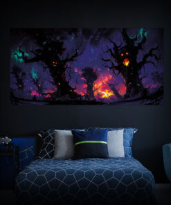 Halloween Backdrop Scary Trees HL-TR001 - Colorful UV Backdrop XL Dark Tapestry Psychedelic UV-Reactive Fluorescent Wall Art - Bedroom Interior Preview - Daylight