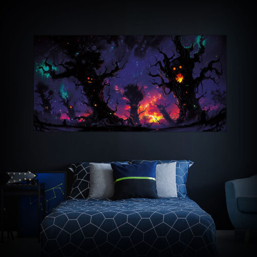 Halloween Backdrop Scary Trees HL-TR001 - Colorful UV Backdrop XL Dark Tapestry Psychedelic UV-Reactive Fluorescent Wall Art - Bedroom Interior Preview - Daylight