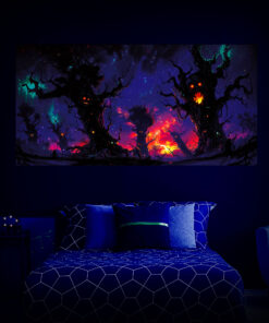 Halloween Backdrop Scary Trees HL-TR001 - Colorful UV Backdrop XL Dark Tapestry Psychedelic UV-Reactive Fluorescent Wall Art - Bedroom Interior Preview - UV