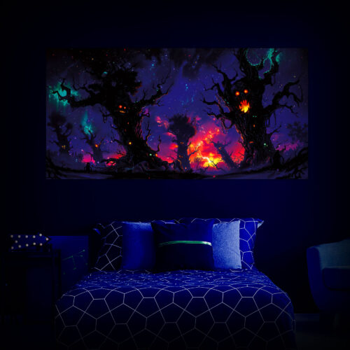 Halloween Backdrop Scary Trees HL-TR001 - Colorful UV Backdrop XL Dark Tapestry Psychedelic UV-Reactive Fluorescent Wall Art - Bedroom Interior Preview - UV