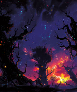 Halloween Backdrop Scary Trees HL-TR001 - Colorful UV Backdrop XL Dark Tapestry Psychedelic UV-Reactive Fluorescent Wall Art