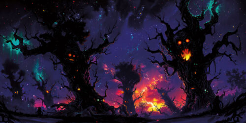 Halloween Backdrop Scary Trees HL-TR001 - Colorful UV Backdrop XL Dark Tapestry Psychedelic UV-Reactive Fluorescent Wall Art