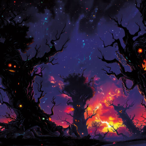 Halloween Backdrop Scary Trees HL-TR001 - Colorful UV Backdrop XL Dark Tapestry Psychedelic UV-Reactive Fluorescent Wall Art