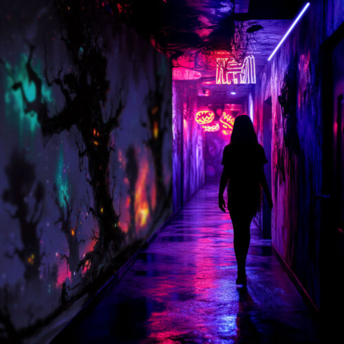 Halloween Backdrop Scary Trees HL-TR001 - Colorful UV Backdrop XL Dark Tapestry Psychedelic UV-Reactive Fluorescent Wall Art - Haunted House Interior Preview - UV Light