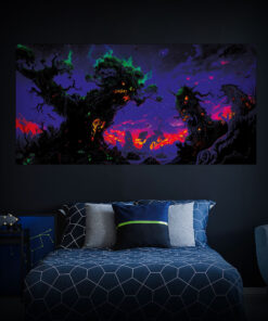 Halloween Backdrop Scary Trees HL-TR002 - Colorful UV Backdrop XL Dark Tapestry Psychedelic UV-Reactive Fluorescent Wall Art - Bedroom Interior Preview - Daylight