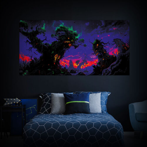 Halloween Backdrop Scary Trees HL-TR002 - Colorful UV Backdrop XL Dark Tapestry Psychedelic UV-Reactive Fluorescent Wall Art - Bedroom Interior Preview - Daylight