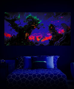Halloween Backdrop Scary Trees HL-TR002 - Colorful UV Backdrop XL Dark Tapestry Psychedelic UV-Reactive Fluorescent Wall Art - Bedroom Interior Preview - UV Light