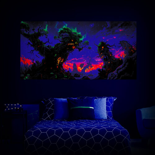 Halloween Backdrop Scary Trees HL-TR002 - Colorful UV Backdrop XL Dark Tapestry Psychedelic UV-Reactive Fluorescent Wall Art - Bedroom Interior Preview - UV Light