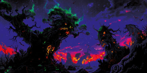 Halloween Backdrop Scary Trees HL-TR002 - Colorful UV Backdrop XL Dark Tapestry Psychedelic UV-Reactive Fluorescent Wall Art