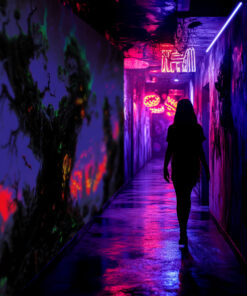 Halloween Backdrop Scary Trees HL-TR002 - Colorful UV Backdrop XL Dark Tapestry Psychedelic UV-Reactive Fluorescent Wall Art - Haunted House Interior Preview - UV Light