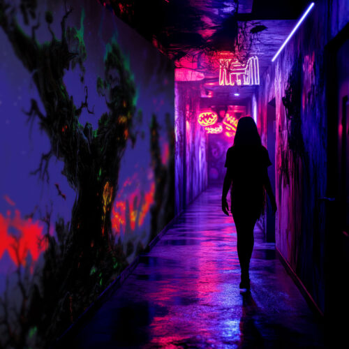 Halloween Backdrop Scary Trees HL-TR002 - Colorful UV Backdrop XL Dark Tapestry Psychedelic UV-Reactive Fluorescent Wall Art - Haunted House Interior Preview - UV Light