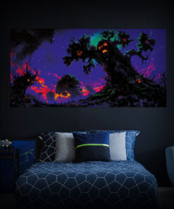 Halloween Backdrop Scary Trees HL-TR003 - Colorful UV Backdrop XL Dark Tapestry Psychedelic UV-Reactive Fluorescent Wall Art - Bedroom Interior Preview - Daylight