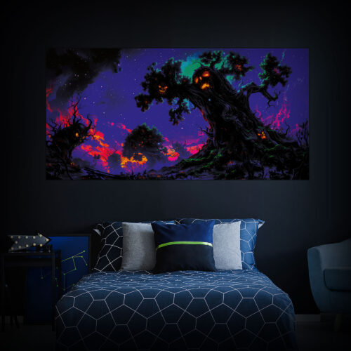 Halloween Backdrop Scary Trees HL-TR003 - Colorful UV Backdrop XL Dark Tapestry Psychedelic UV-Reactive Fluorescent Wall Art - Bedroom Interior Preview - Daylight