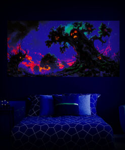 Halloween Backdrop Scary Trees HL-TR003 - Colorful UV Backdrop XL Dark Tapestry Psychedelic UV-Reactive Fluorescent Wall Art - Bedroom Interior Preview - UV Light