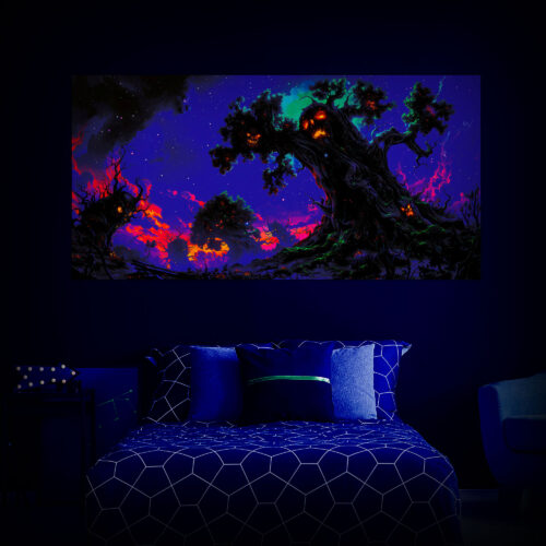 Halloween Backdrop Scary Trees HL-TR003 - Colorful UV Backdrop XL Dark Tapestry Psychedelic UV-Reactive Fluorescent Wall Art - Bedroom Interior Preview - UV Light