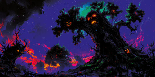 Halloween Backdrop Scary Trees HL-TR003 - Colorful UV Backdrop XL Dark Tapestry Psychedelic UV-Reactive Fluorescent Wall Art