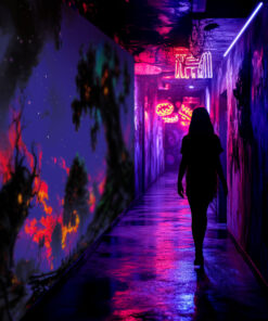 Halloween Backdrop Scary Trees HL-TR003 - Colorful UV Backdrop XL Dark Tapestry Psychedelic UV-Reactive Fluorescent Wall Art - Haunted House Interior Preview - UV Light