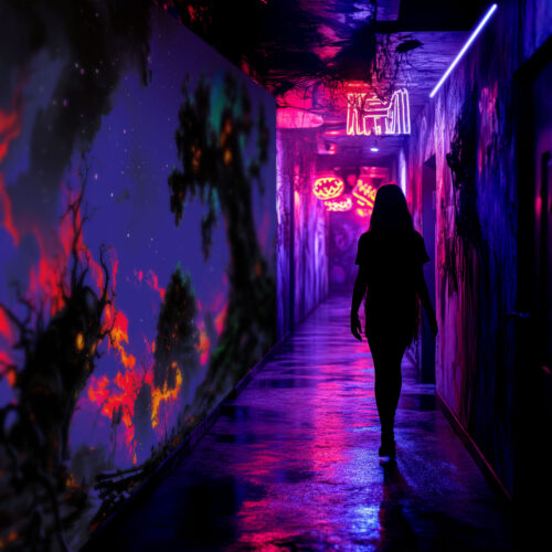 Halloween Backdrop Scary Trees HL-TR003 - Colorful UV Backdrop XL Dark Tapestry Psychedelic UV-Reactive Fluorescent Wall Art - Haunted House Interior Preview - UV Light