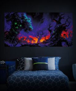 Halloween Backdrop Scary Trees HL-TR004 - Colorful UV Backdrop XL Dark Tapestry Psychedelic UV-Reactive Fluorescent Wall Art - Bedroom Interior Preview - Daylight