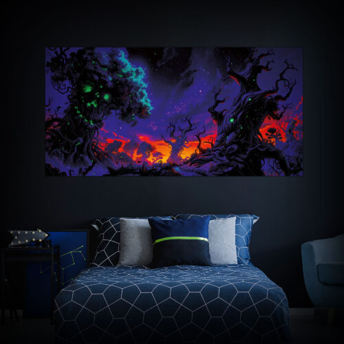 Halloween Backdrop Scary Trees HL-TR004 - Colorful UV Backdrop XL Dark Tapestry Psychedelic UV-Reactive Fluorescent Wall Art - Bedroom Interior Preview - Daylight