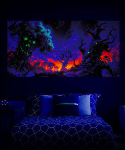 Halloween Backdrop Scary Trees HL-TR004 - Colorful UV Backdrop XL Dark Tapestry Psychedelic UV-Reactive Fluorescent Wall Art - Bedroom Interior Preview - UV Light