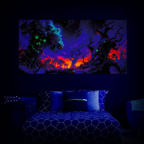 Halloween Backdrop Scary Trees HL-TR004 - Colorful UV Backdrop XL Dark Tapestry Psychedelic UV-Reactive Fluorescent Wall Art - Bedroom Interior Preview - UV Light