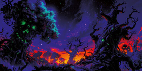 Halloween Backdrop Scary Trees HL-TR004 - Colorful UV Backdrop XL Dark Tapestry Psychedelic UV-Reactive Fluorescent Wall Art