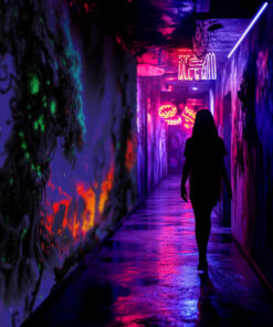 Halloween Backdrop Scary Trees HL-TR004 - Colorful UV Backdrop XL Dark Tapestry Psychedelic UV-Reactive Fluorescent Wall Art - Haunted House Interior Preview - UV Light