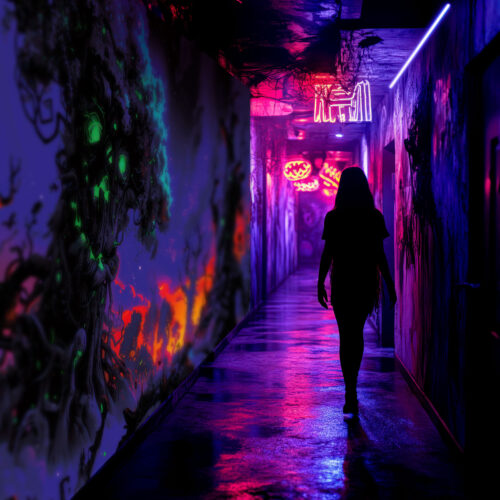 Halloween Backdrop Scary Trees HL-TR004 - Colorful UV Backdrop XL Dark Tapestry Psychedelic UV-Reactive Fluorescent Wall Art - Haunted House Interior Preview - UV Light