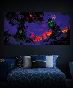 Halloween Backdrop Scary Trees HL-TR005 - Colorful UV Backdrop XL Dark Tapestry Psychedelic UV-Reactive Fluorescent Wall Art - Bedroom Interior Preview - Daylight