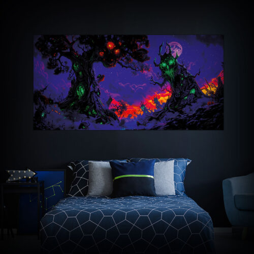 Halloween Backdrop Scary Trees HL-TR005 - Colorful UV Backdrop XL Dark Tapestry Psychedelic UV-Reactive Fluorescent Wall Art - Bedroom Interior Preview - Daylight