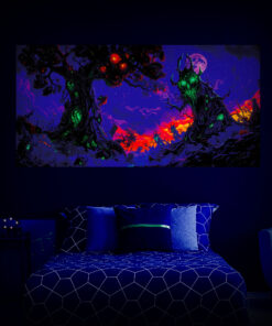 Halloween Backdrop Scary Trees HL-TR005 - Colorful UV Backdrop XL Dark Tapestry Psychedelic UV-Reactive Fluorescent Wall Art - Bedroom Interior Preview - UV Light