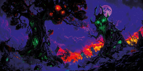 Halloween Backdrop Scary Trees HL-TR005 - Colorful UV Backdrop XL Dark Tapestry Psychedelic UV-Reactive Fluorescent Wall Art