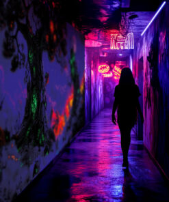 Halloween Backdrop Scary Trees HL-TR005 - Colorful UV Backdrop XL Dark Tapestry Psychedelic UV-Reactive Fluorescent Wall Art - Haunted House Interior Preview - UV Light