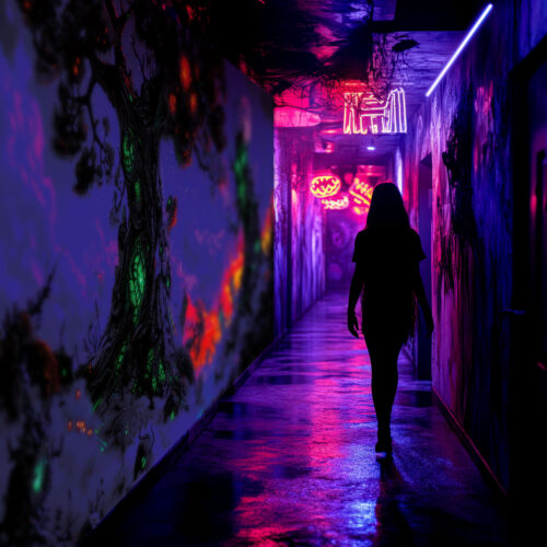 Halloween Backdrop Scary Trees HL-TR005 - Colorful UV Backdrop XL Dark Tapestry Psychedelic UV-Reactive Fluorescent Wall Art - Haunted House Interior Preview - UV Light