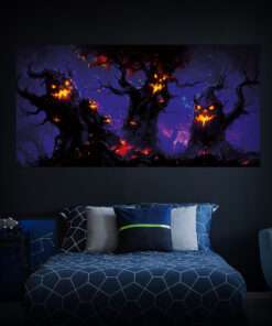 Halloween Backdrop Scary Trees HL-TR006 - Colorful UV Backdrop XL Dark Tapestry Psychedelic UV-Reactive Fluorescent Wall Art - Bedroom Interior Preview - Daylight