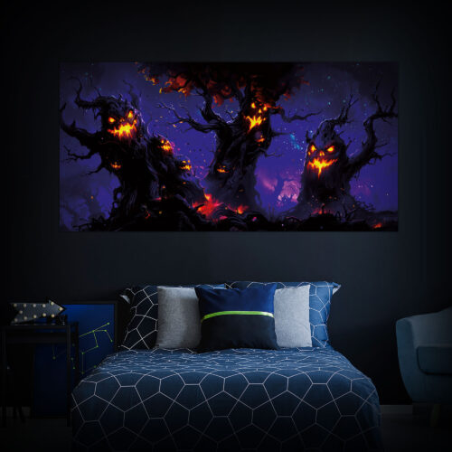 Halloween Backdrop Scary Trees HL-TR006 - Colorful UV Backdrop XL Dark Tapestry Psychedelic UV-Reactive Fluorescent Wall Art - Bedroom Interior Preview - Daylight