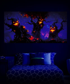 Halloween Backdrop Scary Trees HL-TR006 - Colorful UV Backdrop XL Dark Tapestry Psychedelic UV-Reactive Fluorescent Wall Art - Bedroom Interior Preview - UV Light