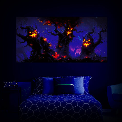 Halloween Backdrop Scary Trees HL-TR006 - Colorful UV Backdrop XL Dark Tapestry Psychedelic UV-Reactive Fluorescent Wall Art - Bedroom Interior Preview - UV Light