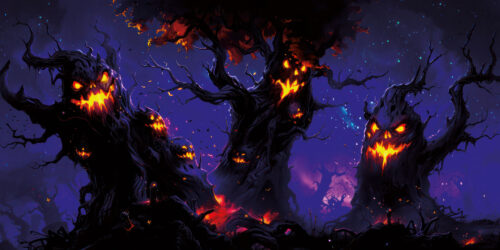 Halloween Backdrop Scary Trees HL-TR006 - Colorful UV Backdrop XL Dark Tapestry Psychedelic UV-Reactive Fluorescent Wall Art