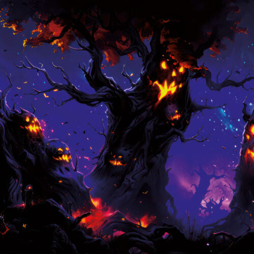 Halloween Backdrop Scary Trees HL-TR006 - Colorful UV Backdrop XL Dark Tapestry Psychedelic UV-Reactive Fluorescent Wall Art