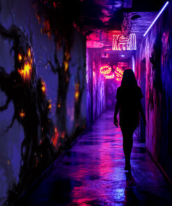 Halloween Backdrop Scary Trees HL-TR006 - Colorful UV Backdrop XL Dark Tapestry Psychedelic UV-Reactive Fluorescent Wall Art - Haunted House Interior Preview - UV Light