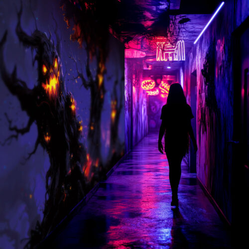 Halloween Backdrop Scary Trees HL-TR006 - Colorful UV Backdrop XL Dark Tapestry Psychedelic UV-Reactive Fluorescent Wall Art - Haunted House Interior Preview - UV Light