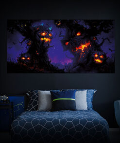 Halloween Backdrop Scary Trees HL-TR007 - Colorful UV Backdrop XL Dark Tapestry Psychedelic UV-Reactive Fluorescent Wall Art - Bedroom Interior Preview - Daylight