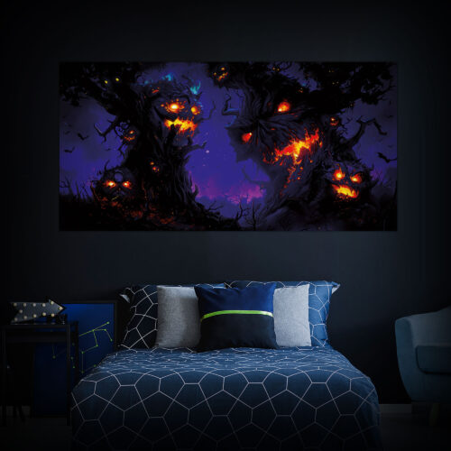 Halloween Backdrop Scary Trees HL-TR007 - Colorful UV Backdrop XL Dark Tapestry Psychedelic UV-Reactive Fluorescent Wall Art - Bedroom Interior Preview - Daylight
