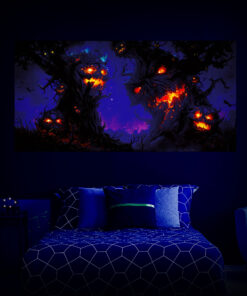 Halloween Backdrop Scary Trees HL-TR007 - Colorful UV Backdrop XL Dark Tapestry Psychedelic UV-Reactive Fluorescent Wall Art - Bedroom Interior Preview - UV Light