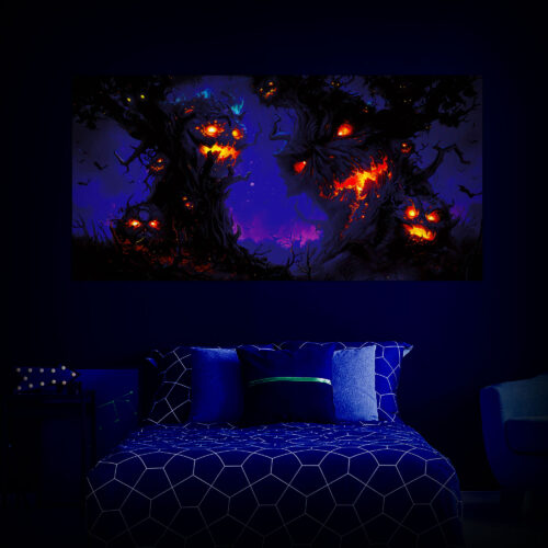 Halloween Backdrop Scary Trees HL-TR007 - Colorful UV Backdrop XL Dark Tapestry Psychedelic UV-Reactive Fluorescent Wall Art - Bedroom Interior Preview - UV Light