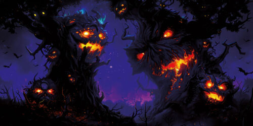Halloween Backdrop Scary Trees HL-TR007 - Colorful UV Backdrop XL Dark Tapestry Psychedelic UV-Reactive Fluorescent Wall Art